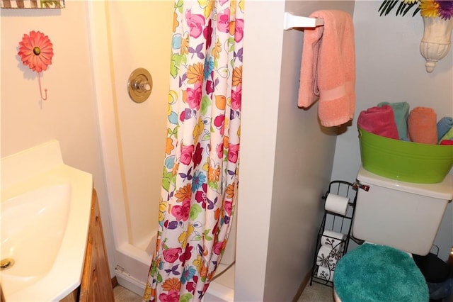 full bathroom featuring vanity, toilet, and shower / bathtub combination with curtain