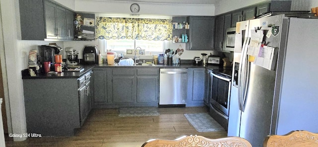 kitchen featuring stainless steel appliances, sink, and dark hardwood / wood-style floors