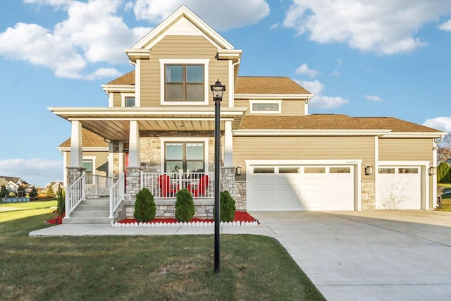 view of front of house with covered porch and a front lawn