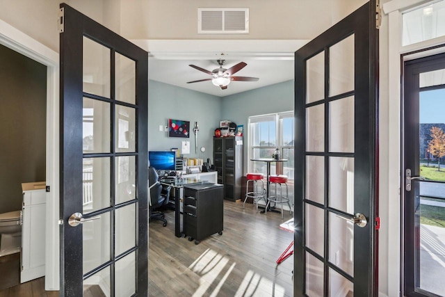 office with french doors, ceiling fan, and hardwood / wood-style flooring