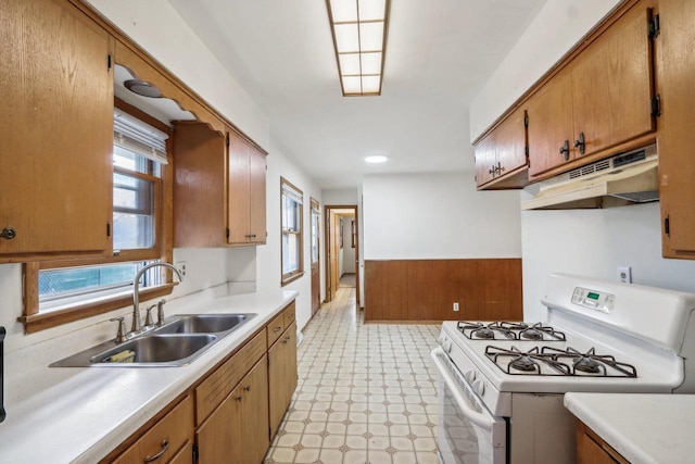 kitchen featuring white range with gas cooktop, sink, and a wealth of natural light