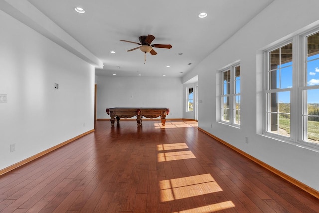 recreation room featuring ceiling fan, billiards, and dark hardwood / wood-style floors