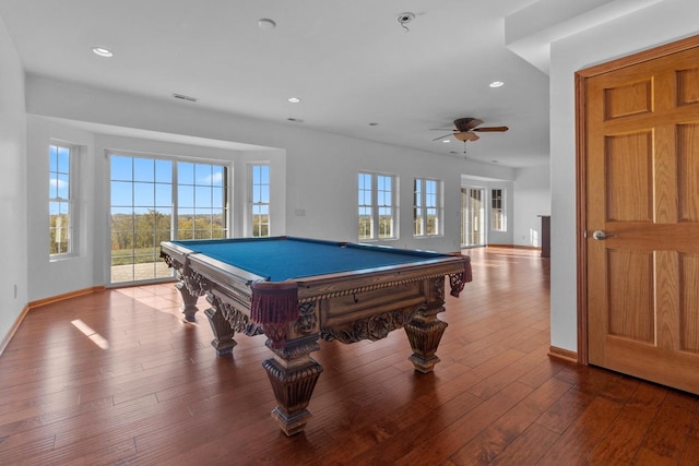 recreation room with ceiling fan, billiards, and hardwood / wood-style flooring