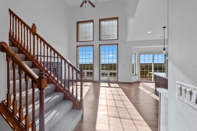 entrance foyer with a high ceiling, ceiling fan, and dark wood-type flooring