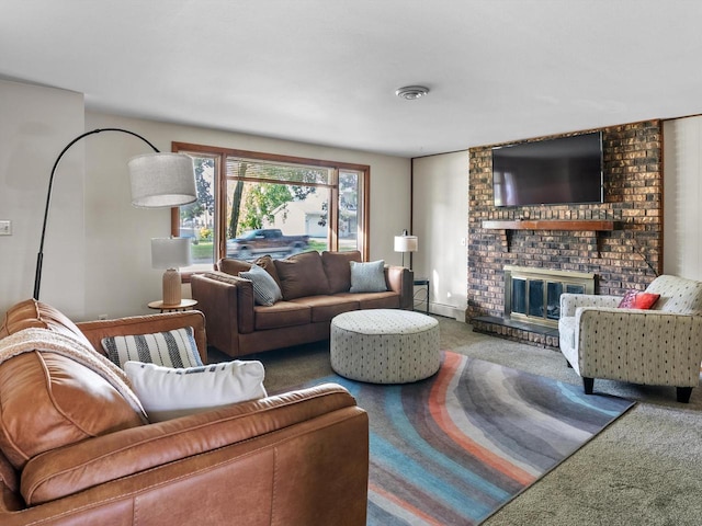 carpeted living room featuring a brick fireplace