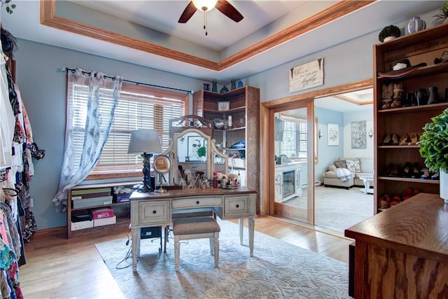 home office featuring light hardwood / wood-style floors, a tray ceiling, plenty of natural light, and ceiling fan