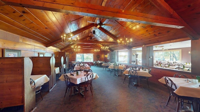 carpeted dining area with wood walls, lofted ceiling with beams, wooden ceiling, and ceiling fan