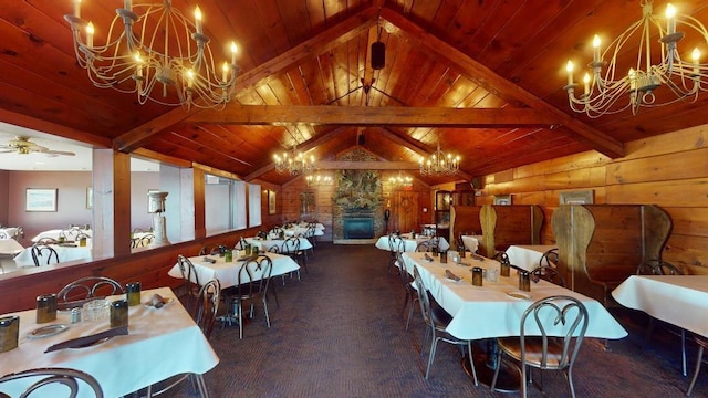 dining space with wooden walls, lofted ceiling with beams, a fireplace, and wooden ceiling