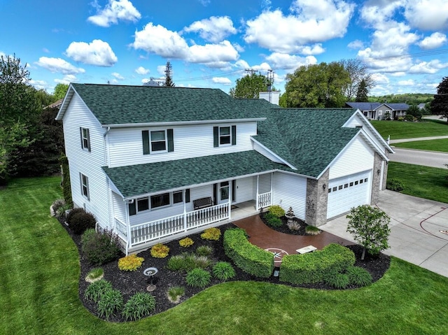 view of front of home with a front yard, covered porch, and a garage