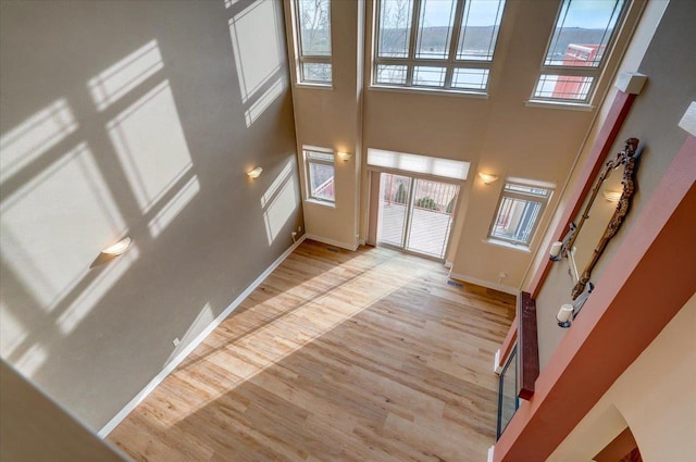 entrance foyer with a healthy amount of sunlight, a towering ceiling, and light hardwood / wood-style flooring