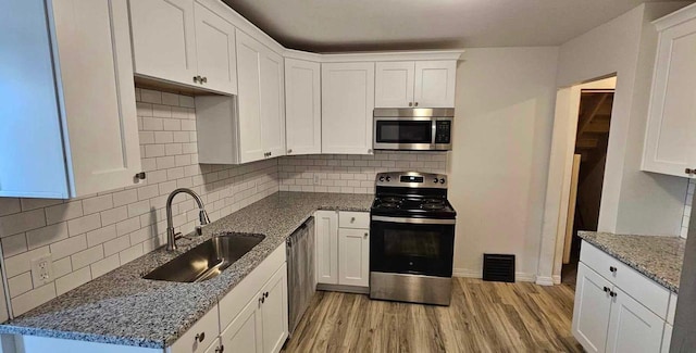 kitchen with white cabinets, sink, decorative backsplash, light hardwood / wood-style floors, and stainless steel appliances