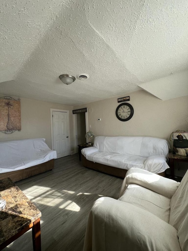 living room with a textured ceiling and hardwood / wood-style flooring