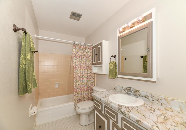 full bathroom featuring tile patterned flooring, shower / tub combo with curtain, vanity, and toilet