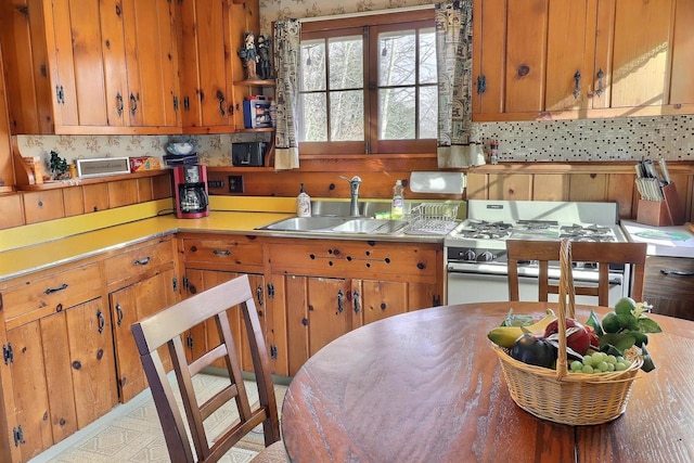 kitchen featuring white gas range oven, tasteful backsplash, and sink