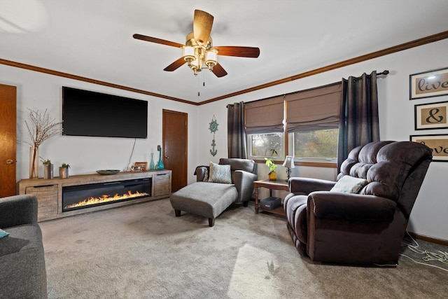 carpeted living room with ceiling fan and crown molding