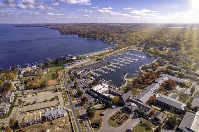 birds eye view of property with a water view