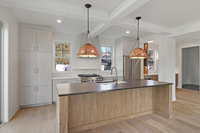 kitchen with light hardwood / wood-style floors, a kitchen island with sink, stainless steel appliances, and sink