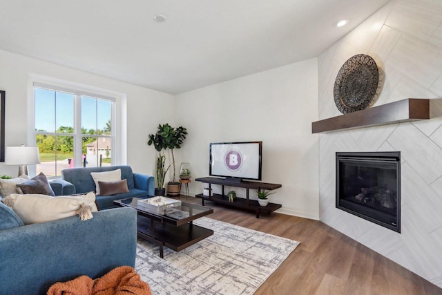 living room featuring wood-type flooring and a large fireplace