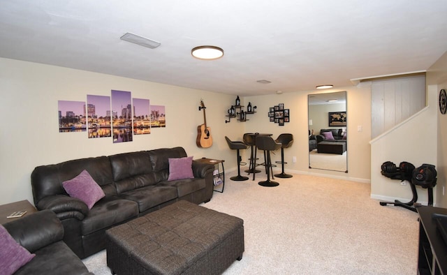 living room featuring light carpet