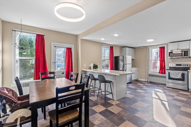 dining space featuring radiator heating unit