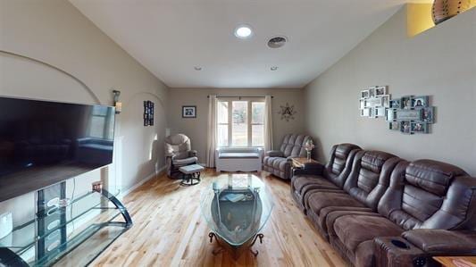 living room with light hardwood / wood-style flooring and vaulted ceiling