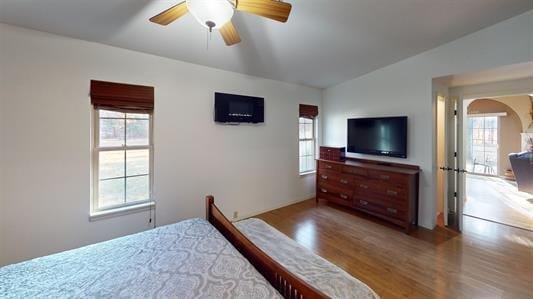 bedroom featuring multiple windows, ceiling fan, lofted ceiling, and hardwood / wood-style flooring