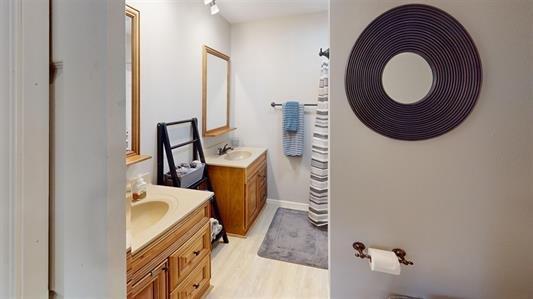 bathroom with hardwood / wood-style floors and vanity