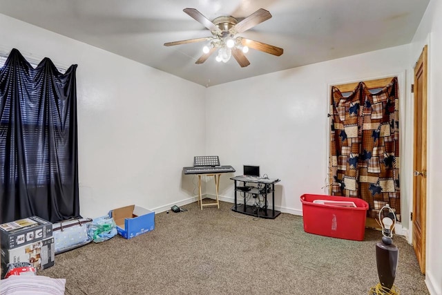 playroom featuring carpet flooring and ceiling fan