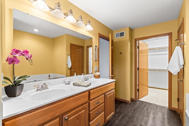 bathroom with hardwood / wood-style floors and vanity