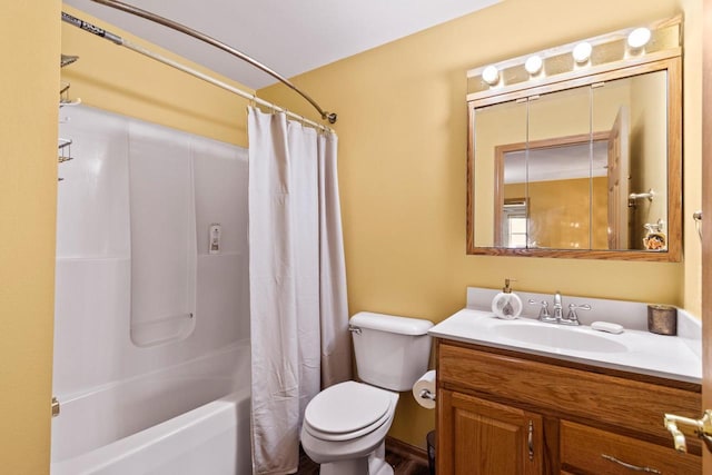 full bathroom featuring shower / bath combination with curtain, vanity, and toilet