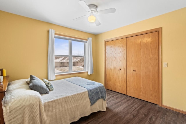 bedroom with ceiling fan, a closet, and dark hardwood / wood-style floors