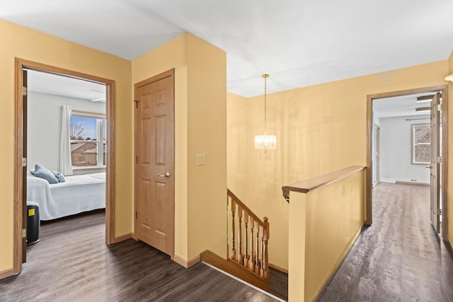 corridor with dark hardwood / wood-style floors and an inviting chandelier