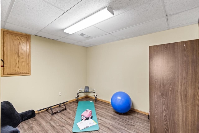 workout area with hardwood / wood-style floors and a paneled ceiling