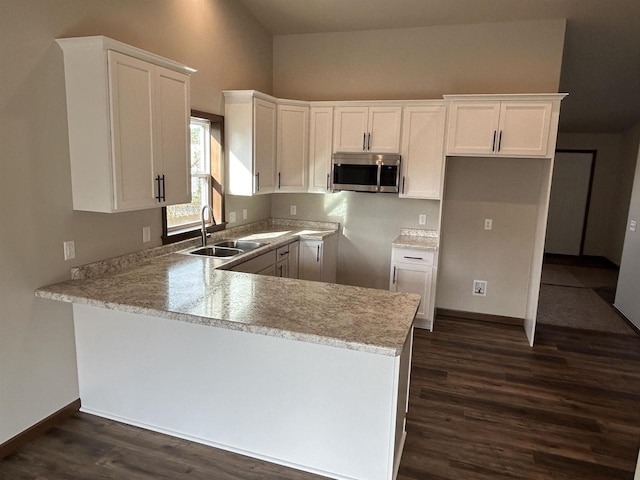 kitchen featuring kitchen peninsula, white cabinetry, sink, and dark hardwood / wood-style floors