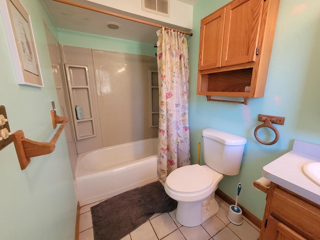 full bathroom with toilet, shower / tub combo with curtain, vanity, and tile patterned floors