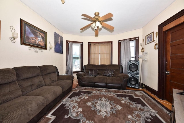 living room featuring ceiling fan