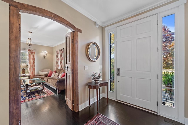 entrance foyer with ornamental molding, dark hardwood / wood-style floors, and plenty of natural light