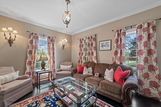 living room featuring ornamental molding and wood-type flooring