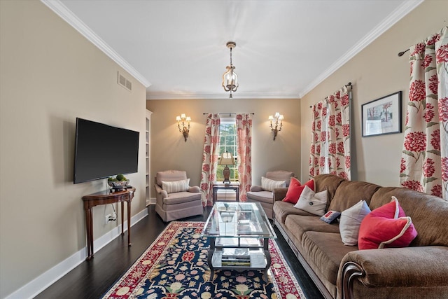 living room with crown molding and dark hardwood / wood-style floors