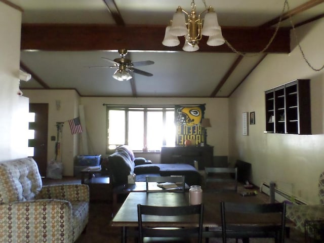 living room featuring vaulted ceiling with beams, a baseboard heating unit, and ceiling fan