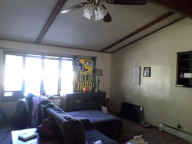 living room with baseboard heating, lofted ceiling with beams, and ceiling fan