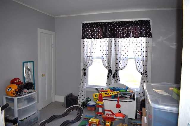 playroom featuring ornamental molding and carpet