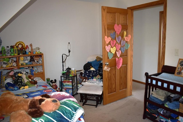 bedroom with light carpet