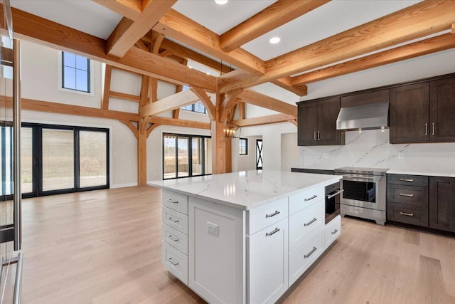 10823 Pleasant Valley Rd, Cedarburg, WI 53012 - kitchen with wall chimney range hood, stainless steel electric stove, beam ceiling, light wood-style floors, and open floor plan