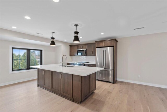 kitchen featuring a sink, visible vents, dark brown cabinets, appliances with stainless steel finishes, and decorative backsplash