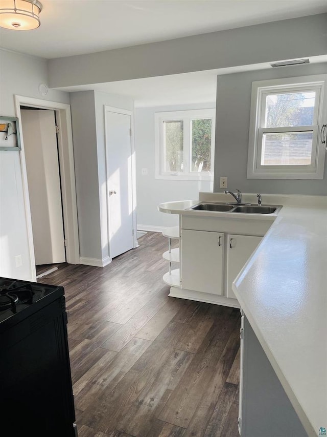 kitchen with dark wood-type flooring, sink, plenty of natural light, and white cabinets