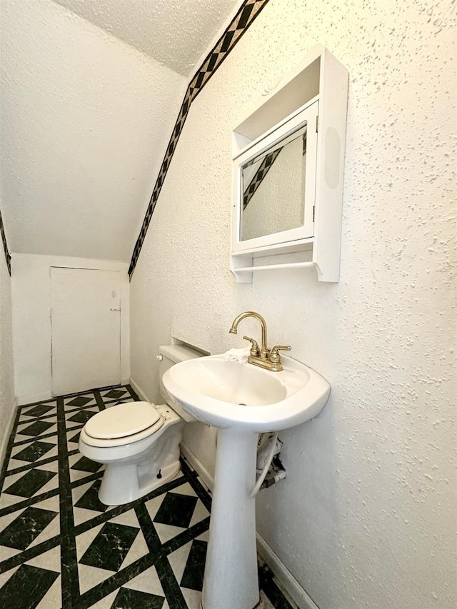 bathroom with toilet, a textured ceiling, and lofted ceiling