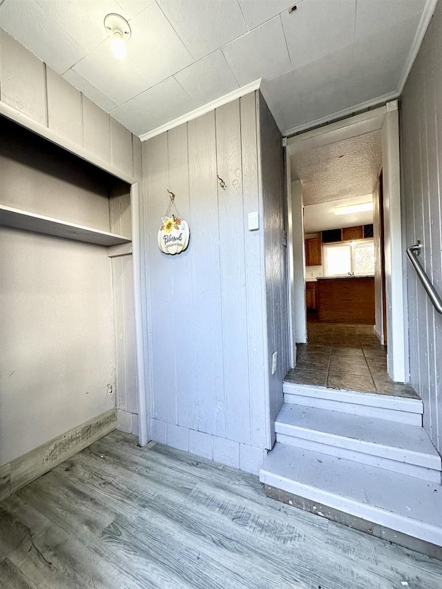 interior space with hardwood / wood-style flooring and wood walls