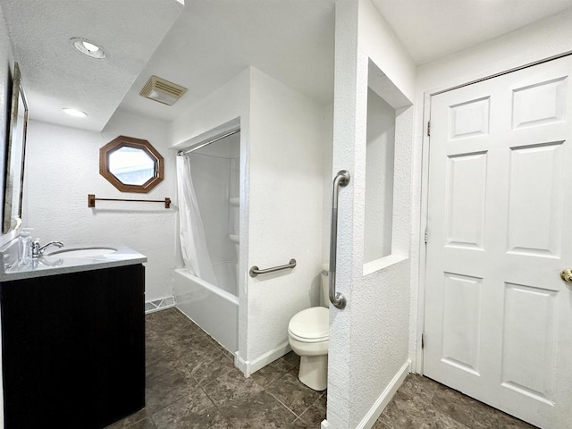 full bathroom featuring vanity, shower / tub combo with curtain, and toilet