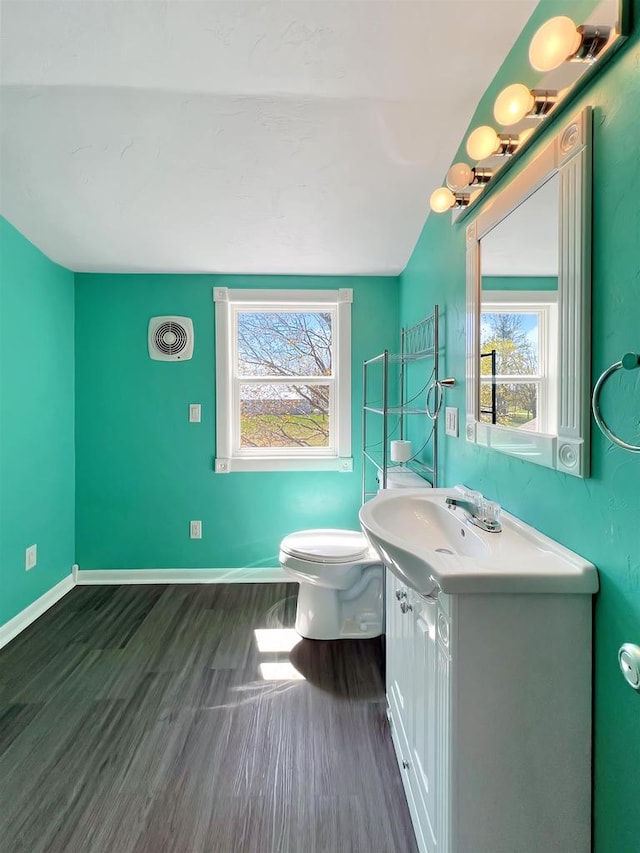 bathroom featuring vanity, toilet, wood-type flooring, and a wealth of natural light